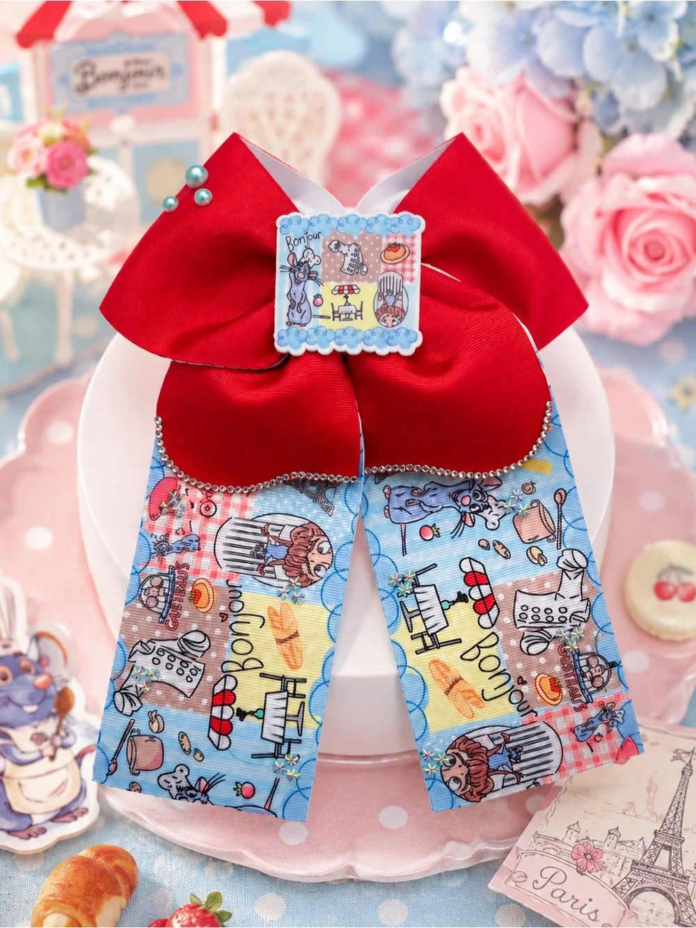 Handmade Red Bow Hair Clip with Blue Illustrated Ribbon Ratatouille New